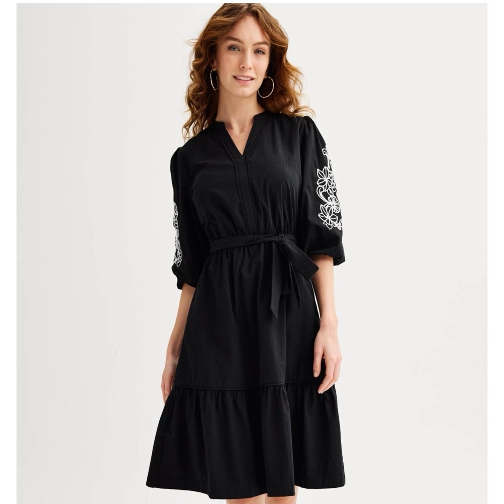 Draper‎ James Embroidered Puff Sleeves Tie Waist V-Neck Dress Women's Plus 3X